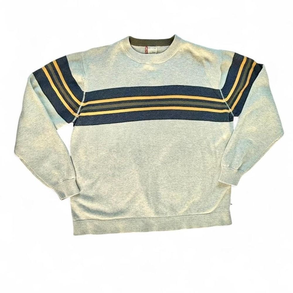 90's VTG Levi's Mens Medium Blue Yellow Stripe Gray Pullover Crewneck Sweater